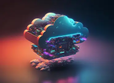 Photo nuage numérique lumineux connecté à des circuits électroniques et des serveurs flottants.